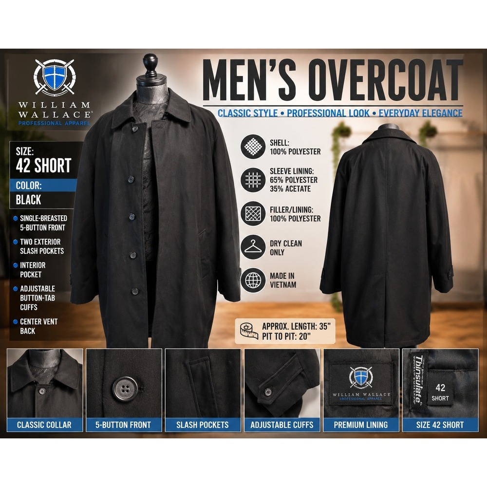 William Wallace Men Black Overcoat 42 Short Single Breasted Thinsulate Lining